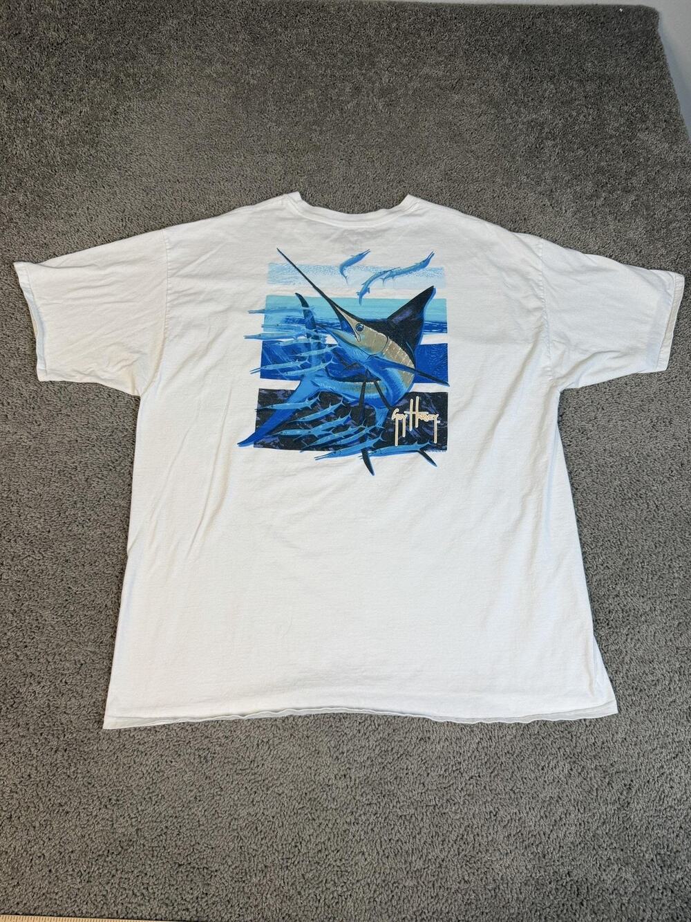 Guy Harvey Shirt Mens 2XL White Marlin Graphic Pocket Crew Neck Cotton